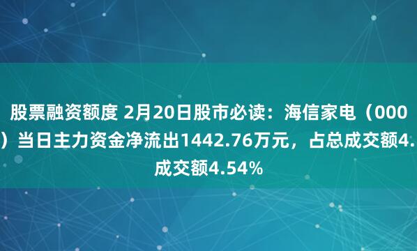 股票融资额度 2月20日股市必读：海信家电（000921）当日主力资金净流出1442.76万元，占总成交额4.54%
