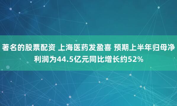 著名的股票配资 上海医药发盈喜 预期上半年归母净利润为44.5亿元同比增长约52%